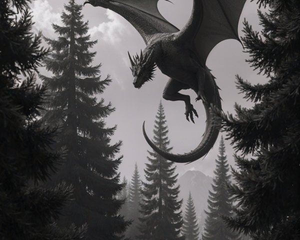 Majestic dragon soaring over a dense forest landscape