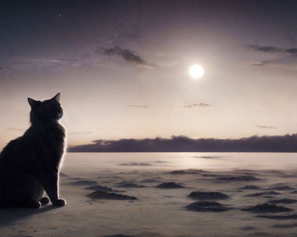 Cat Silhouette Against Twilight Landscape with Two Moons