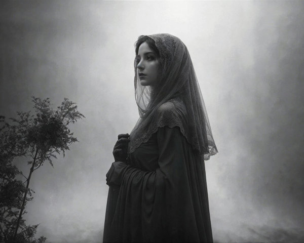 Young woman in dark gown and lace veil in serene pose