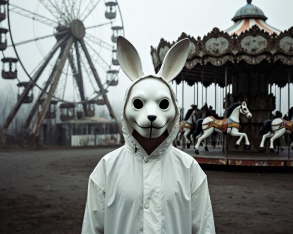 Eerie figure in rabbit mask at abandoned amusement park