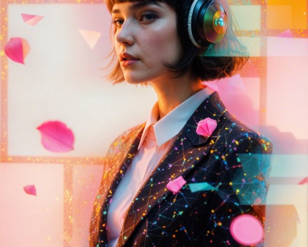 Young woman in patterned blazer with modern bob hairstyle