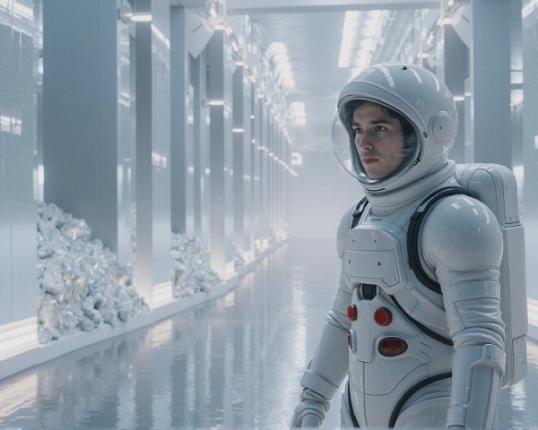 Astronaut in Futuristic Corridor with Crystalline Structures