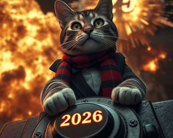 Cat in Suit with Glowing New Year Button and Explosion