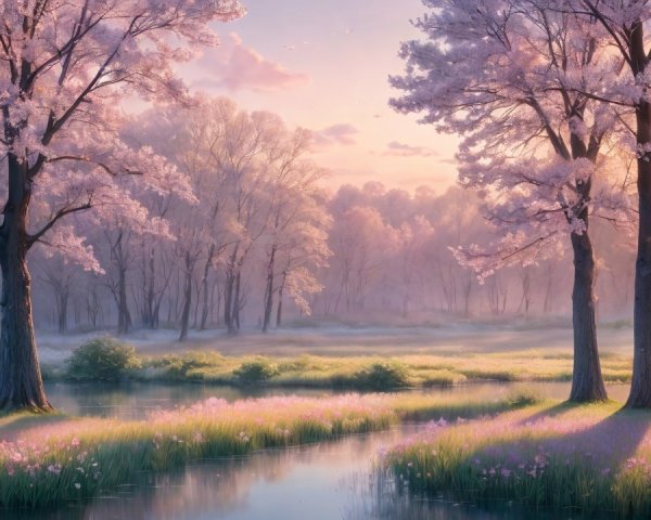 Serene Dawn Landscape with Trees and Tranquil River