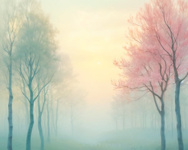 Serene Landscape with Cherry Blossoms and Mist
