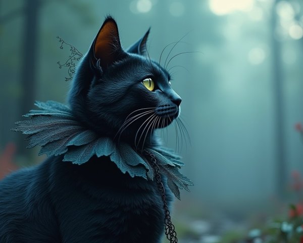 Black Cat in Misty Forest with Yellow Eyes and Flowers