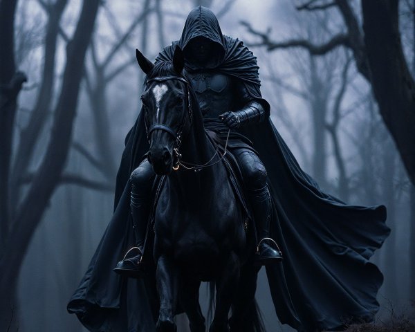 Mysterious Figure in Dark Armor in Foggy Forest