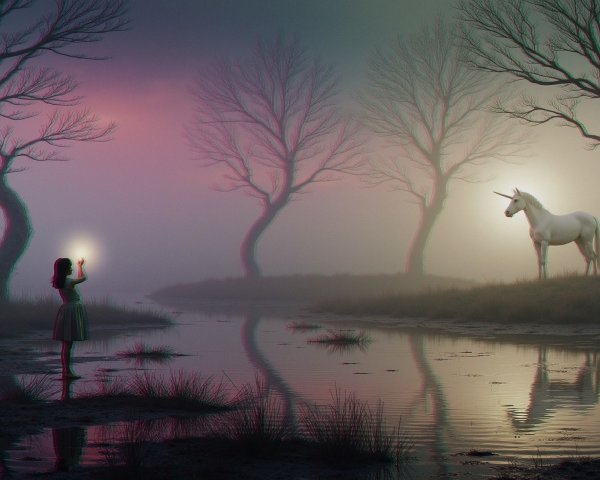 Mystical Landscape with Girl, River, and Unicorn
