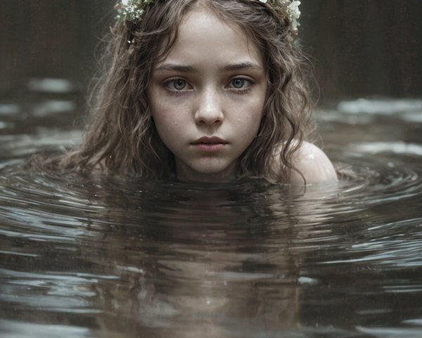 Young girl in dark water with flower crown and serenity