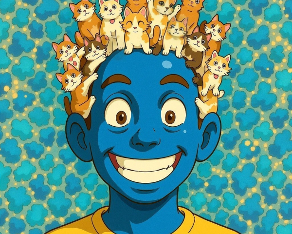 Cartoon Character with Cats in Whimsical Hairstyle