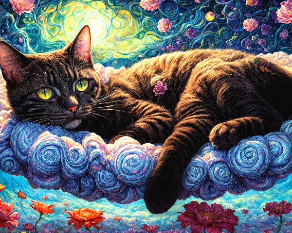 Black Cat on Cloud in Cosmic Floral Landscape