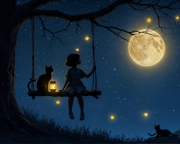 Young girl on swingset under starry night sky