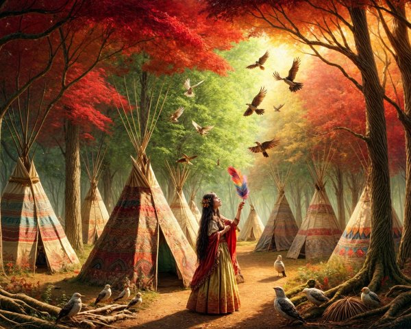 Woman in Autumn Forest Surrounded by Tipis and Nature