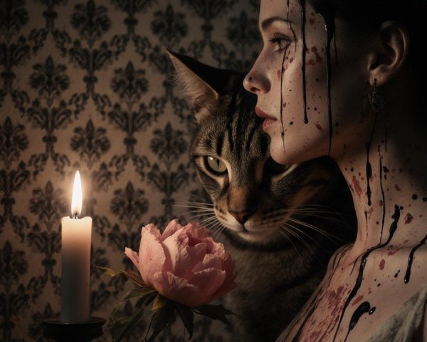 Woman with dark hair and peony in dimly lit room