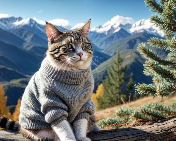 Cat in Sweater on Log with Mountain View