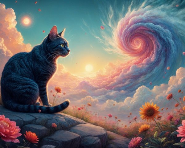 Tabby Cat on Stone Path with Colorful Cosmic Sky