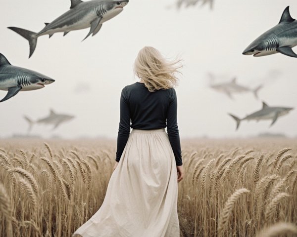 Woman in White Skirt in Wheat Field with Sharks Above