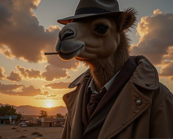 Camel in Fedora at Sunset in Desert Landscape