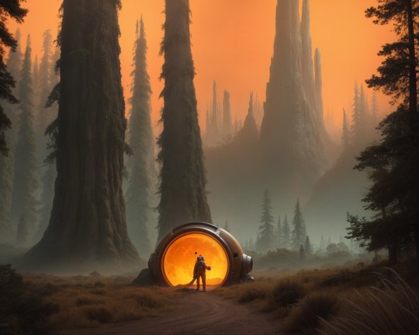 Astronaut in Surreal Landscape with Glowing Spacecraft