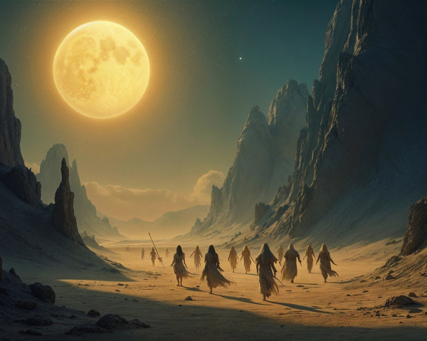 Surreal Desert Landscape with Robed Figures and Moonlight