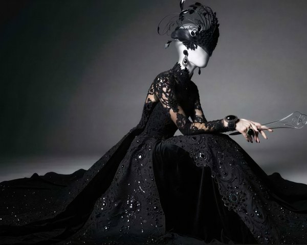 Elegant Mannequin in Black Ball Gown and Accessories