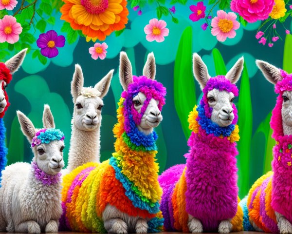 Colorful Llamas in Festive Costumes Surrounded by Flowers