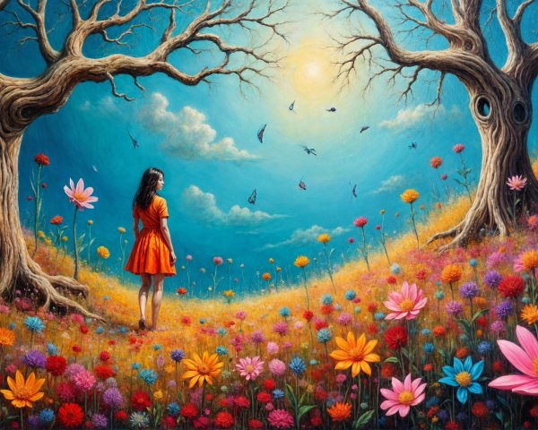 Vibrant Landscape with Girl in Orange Dress and Flowers