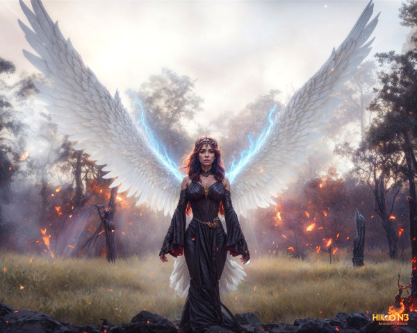 Mystical Figure with Ethereal Wings in Golden Field