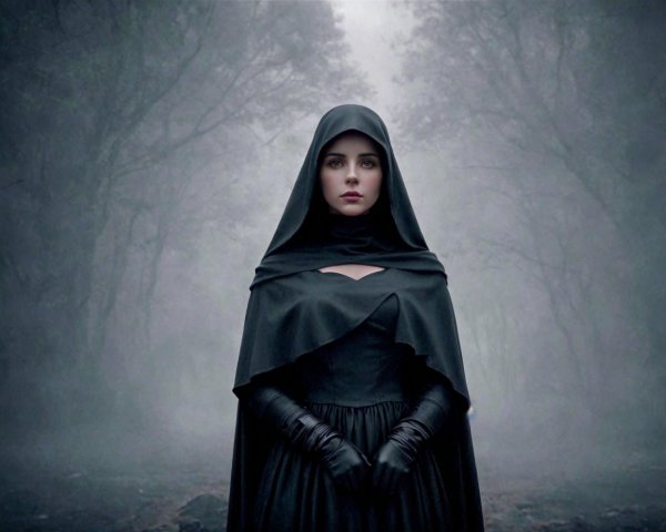 Mysterious Figure in Foggy Forest with Cloak