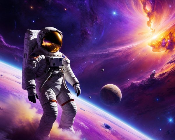 Astronaut in Colorful Cosmic Space Environment