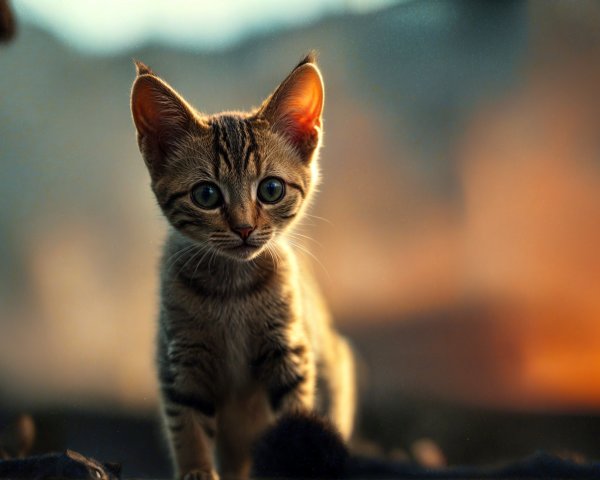 Curious tabby kitten with blue eyes in warm glow