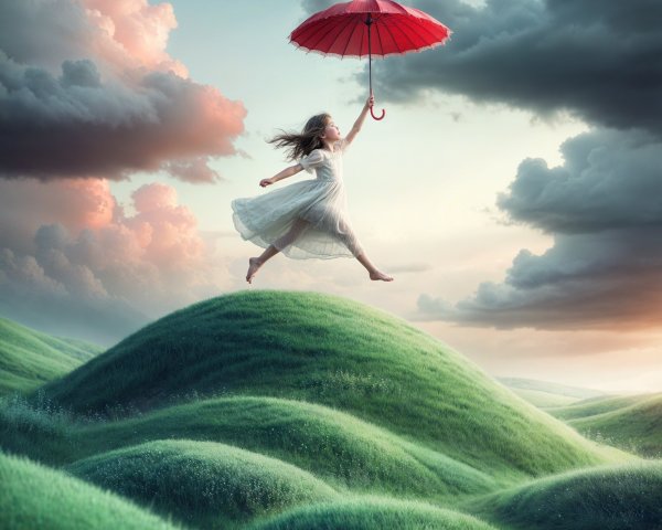 Young woman in white dress leaps with red umbrella