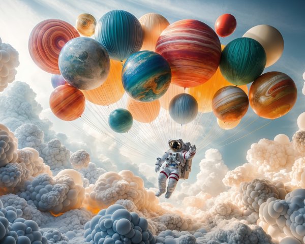 Astronaut in a Dreamy Sky with Colorful Planets