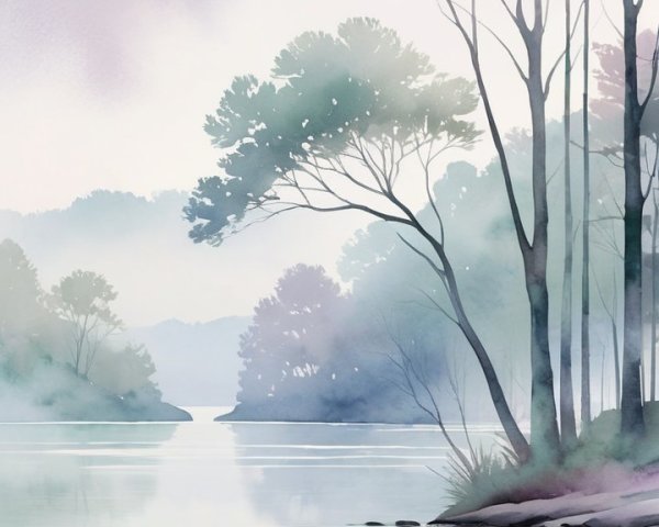Serene Pastel Landscape with Silhouetted Trees and Mist