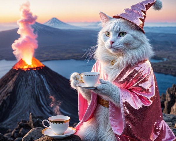 White Cat in Wizard Robe with Volcano Sunset Background