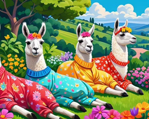 Llamas in Colorful Sweaters in a Flower Meadow