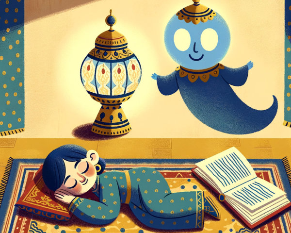 Child in traditional attire sleeping beside a friendly ghost