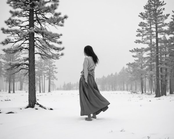 Grayscale Photo of Woman in Snowy Landscape