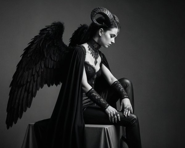 Black-and-White Image of Woman with Feathered Wings