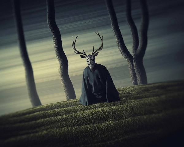 Mysterious figure on a hill in a foggy landscape