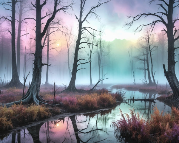Ethereal Landscape with Misty Water and Bare Trees