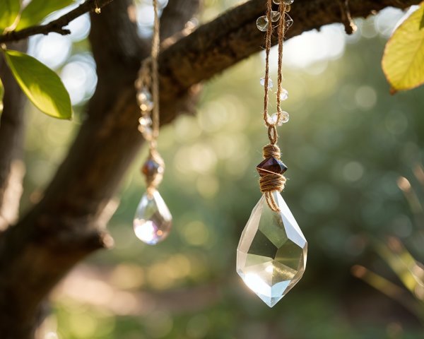 Elegant Crystal Pendants Hanging from a Tree Branch
