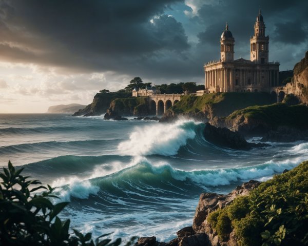 Coastal Castle on Cliff with Stormy Ocean View