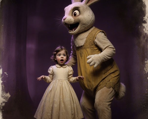 Whimsical Scene of Girl and Friendly Bunny in Purple Light