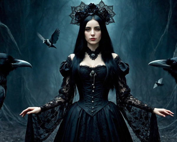 Mysterious Woman in Dark Forest with Ravens and Crows