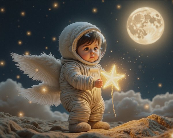 Baby Astronaut with Wings Under Starry Night Sky