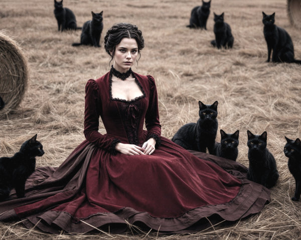 Victorian Woman in Red Dress Surrounded by Cats