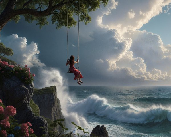 Young Woman on Swing in Serene Ocean Landscape