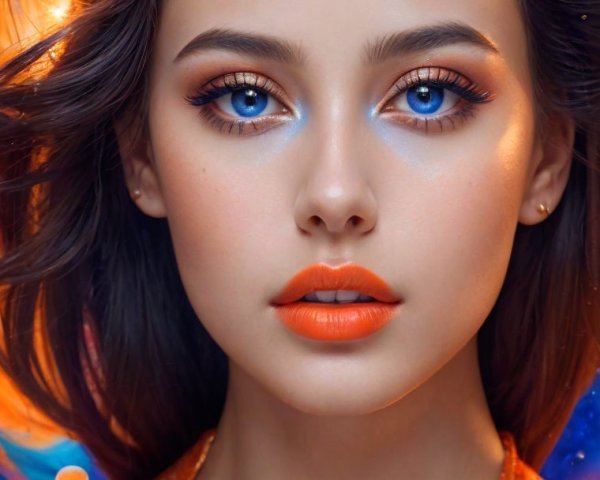 Young woman with blue eyes in cosmic setting