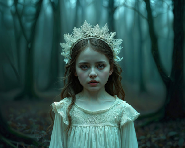 Young girl in a misty forest wearing a white dress